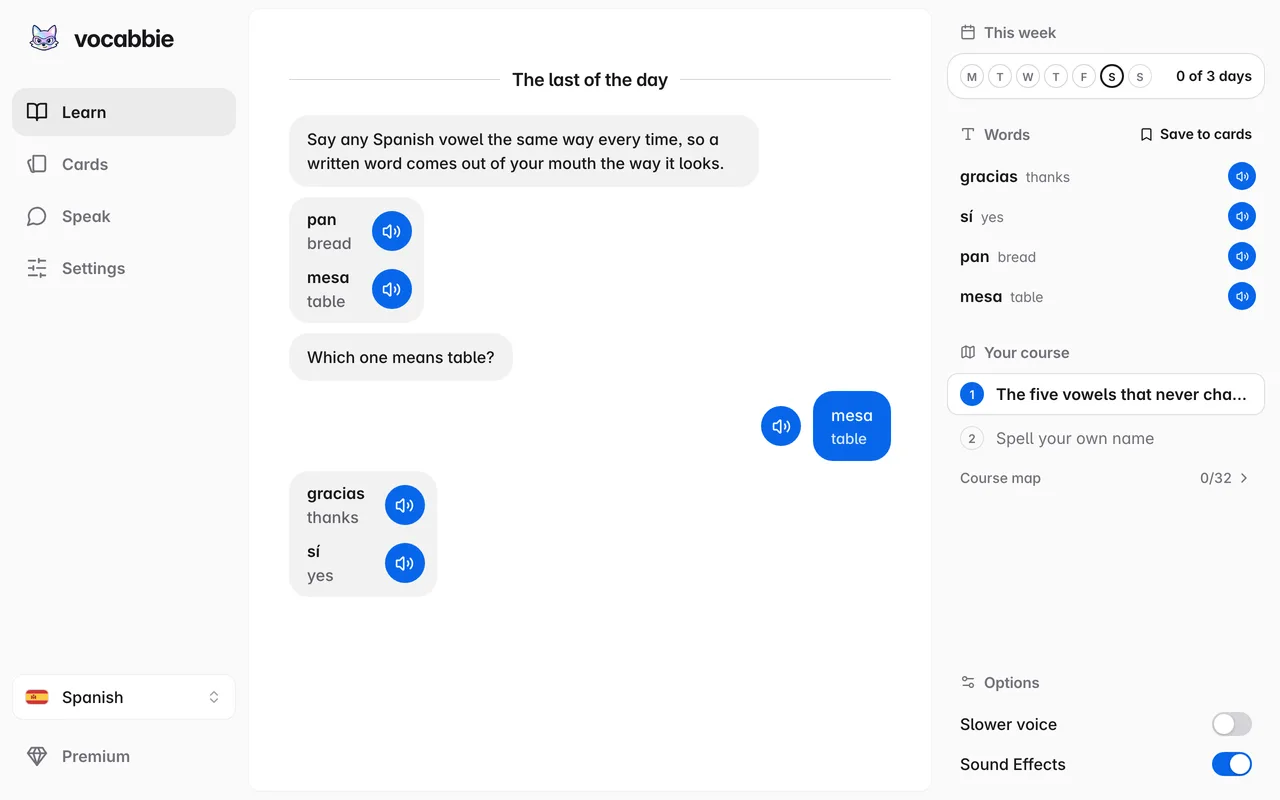 O app web do Vocabbie: uma lição de espanhol em formato de chat, com cada palavra e seu botão de áudio