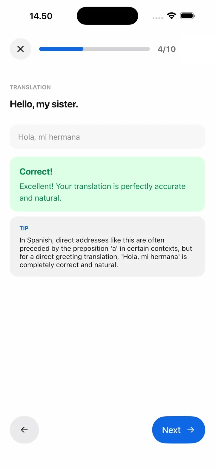 A translation lesson: typing a full Spanish sentence and getting feedback